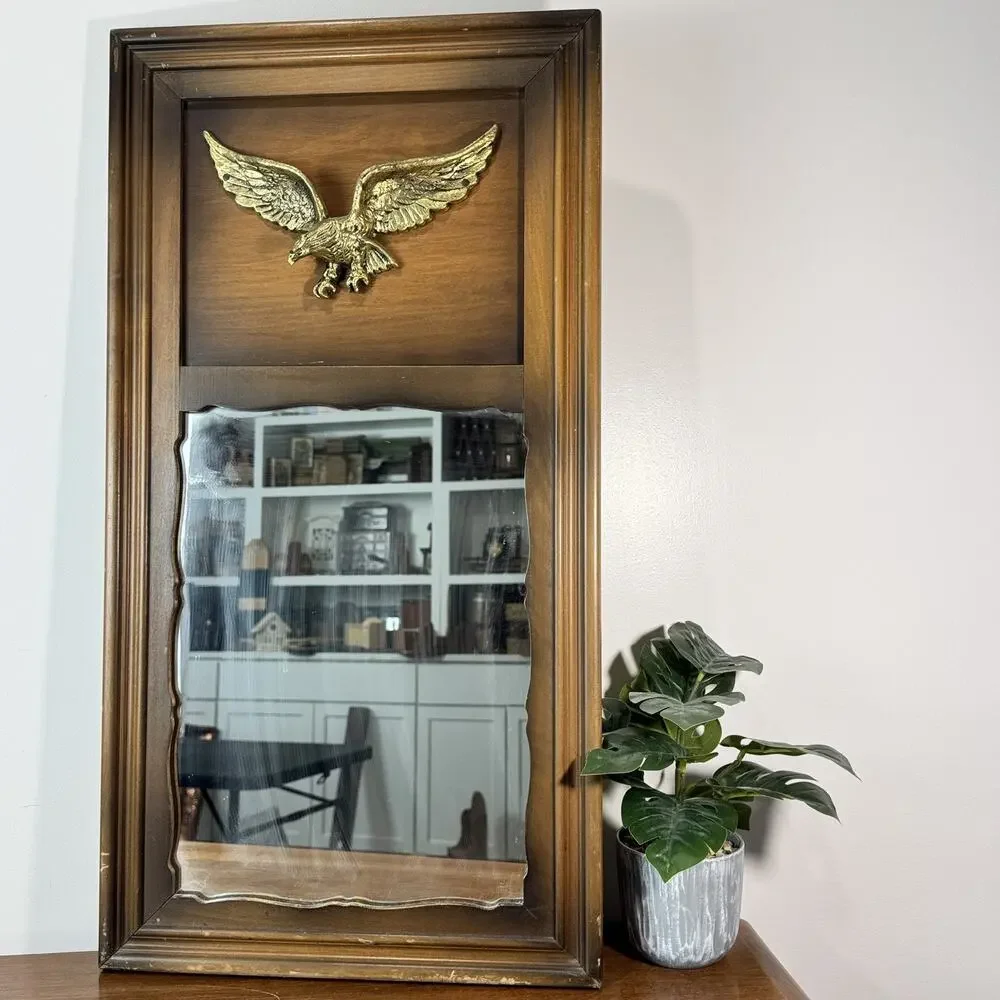 Vintage Wall Mirror with Brass Eagle Appliqué Wood Frame Colonial Decor